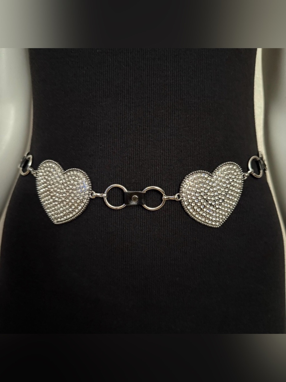 Silver tone heart shaped with rhinestone details chain belt
